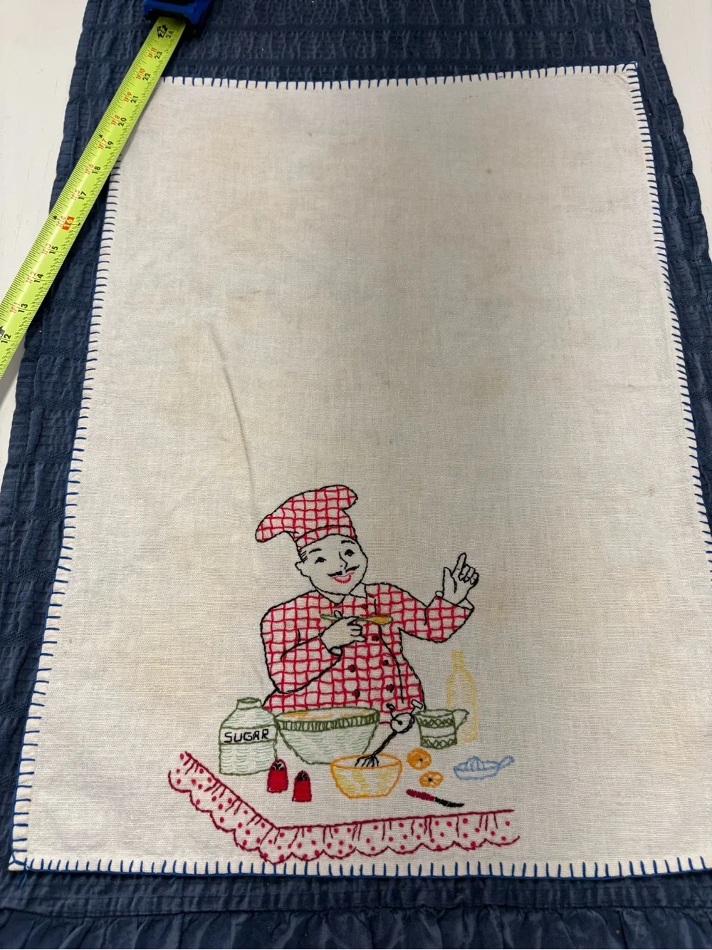 3 vintage hand Embroidered Cotton Kitchen Towels- Blue, red, green cream towels
